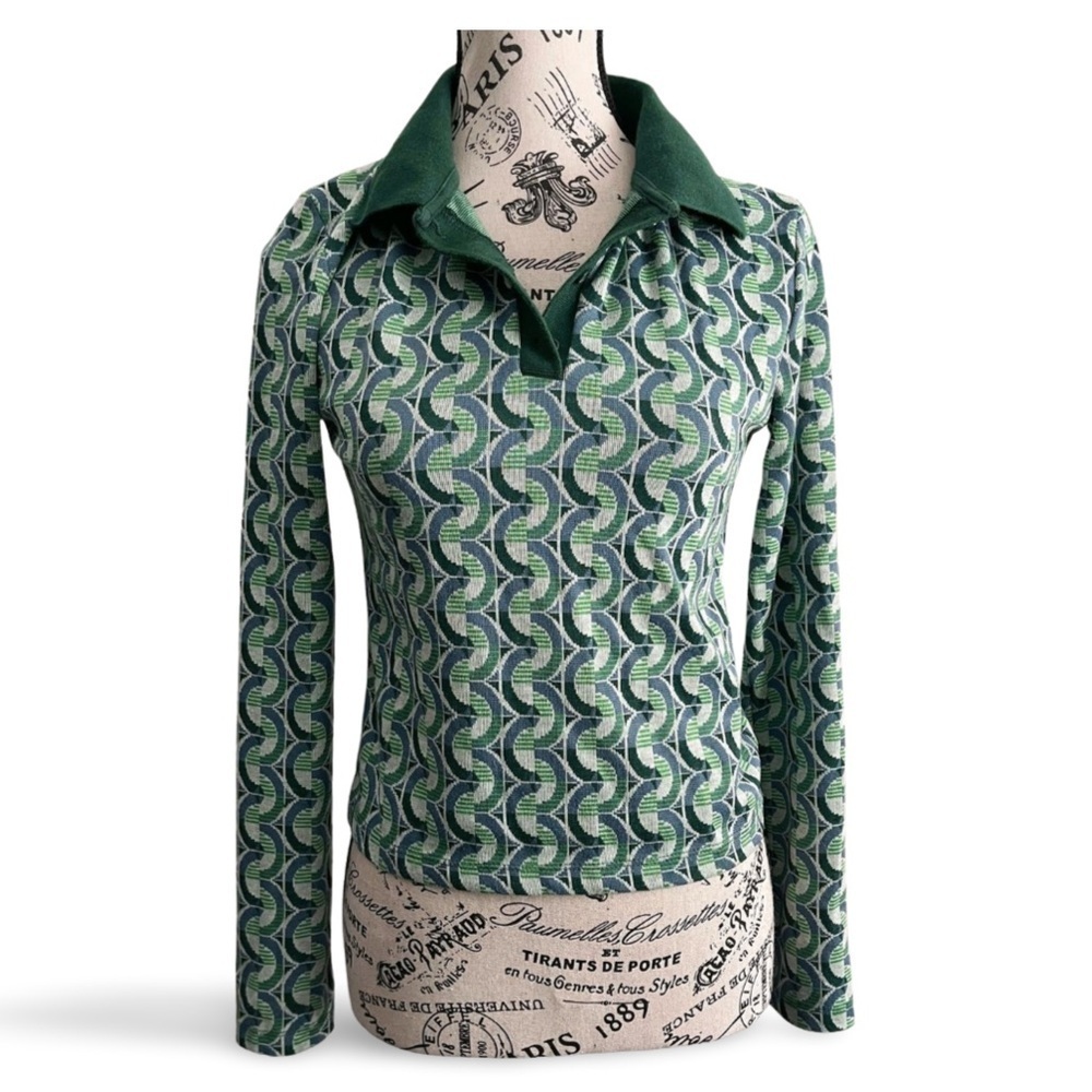 Zara 90s Y2K Green Retro 70s Print Collared Top Size Small